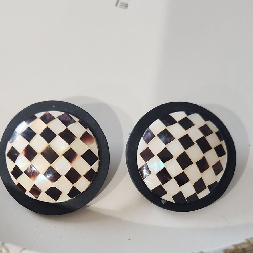 vintage mother-of-pearl checkerboard clip-on earrings